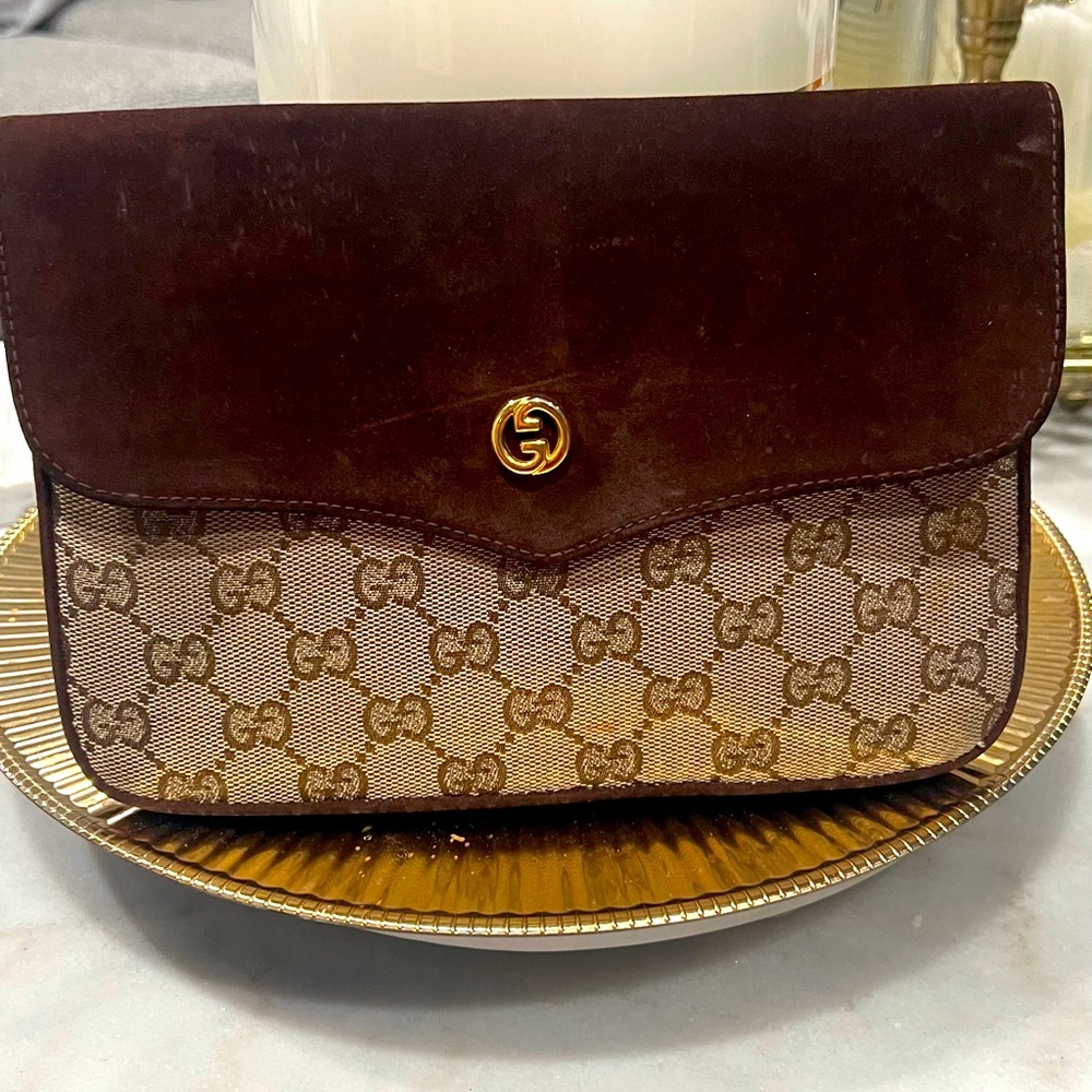 GUCCI SUEDE AND LOGO CANVAS CLUTCH VINTAGE AUTHENTIC - Picture 2 of 8